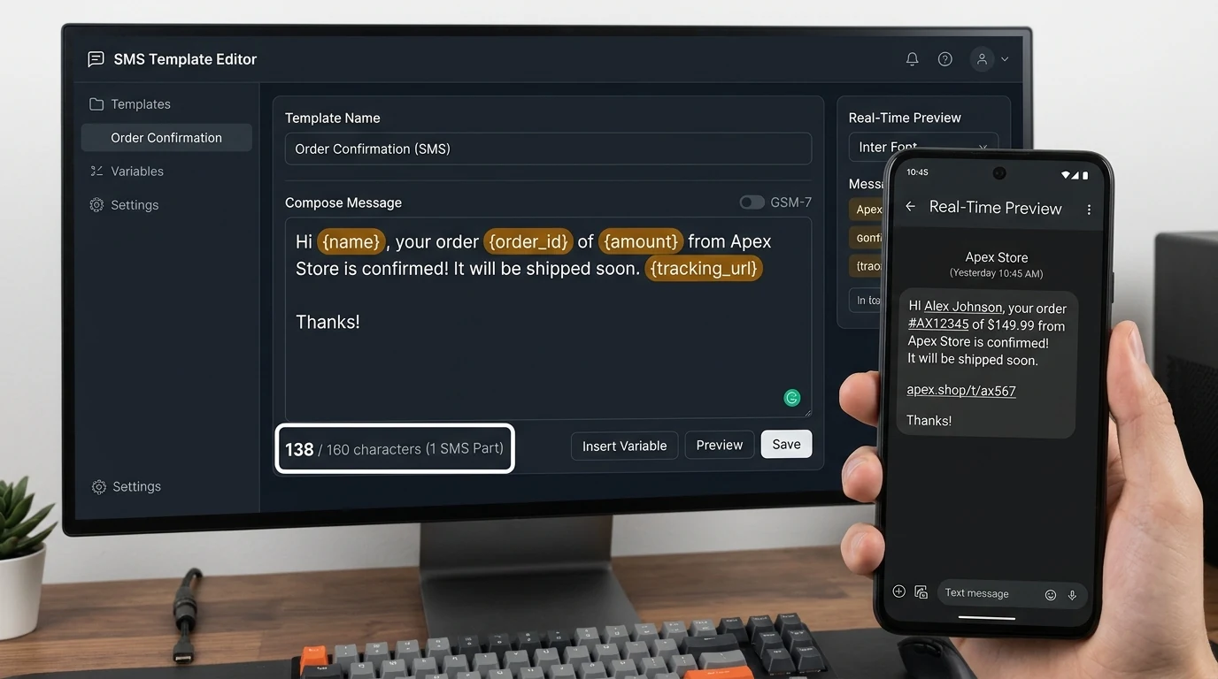 Real-time dynamic template tokens with live GSM-7 safety